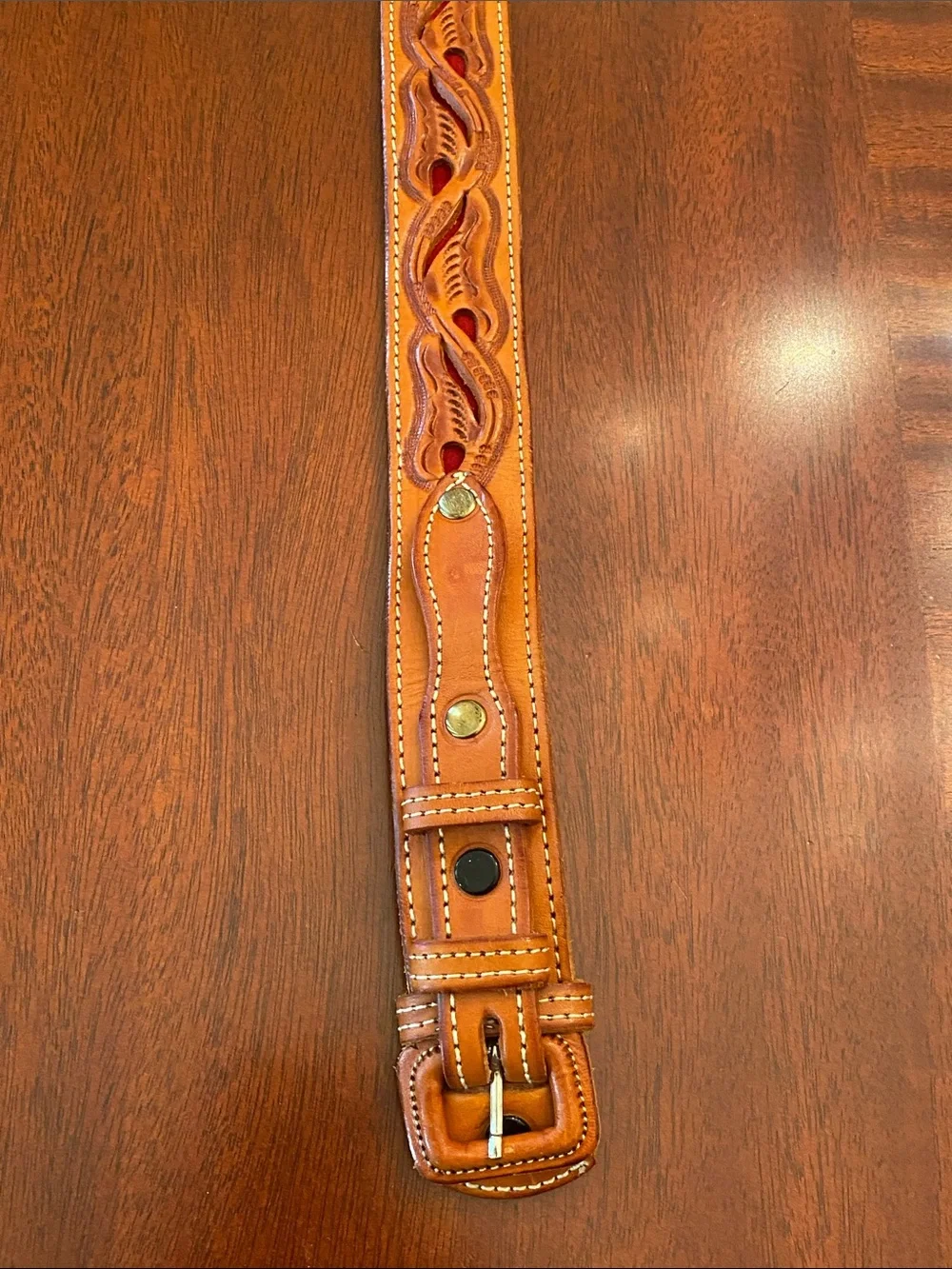 Unisex Leather RANGER Western-Style Tooled Belt with Red Accent